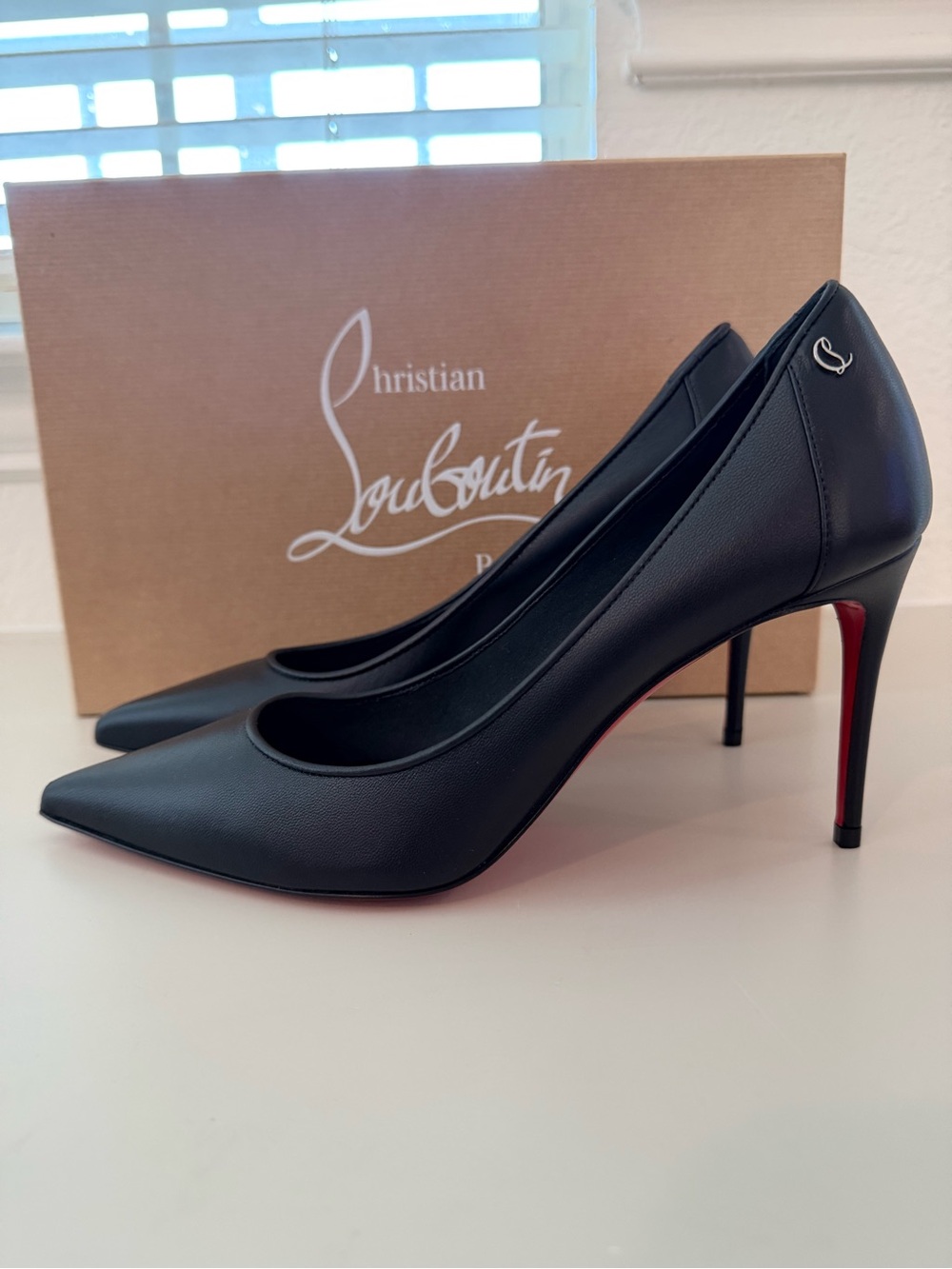 Christian Louboutin Black Leather Pointed-Toe Pumps with Red Sole Sporty Kate 85